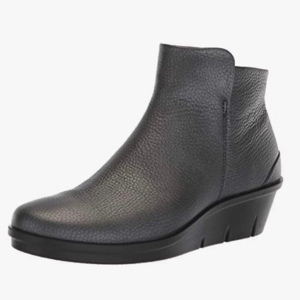 ECCO Black Leather Wedge Boot Short Skyler Bootie Womens Pebbled Nubbuck 10.5 10